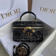 Replica Dior Caro Mini Vanity Case Black Cannage Tweed Embroidery