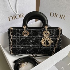 Replica Medium Lady D-Joy Bag Black Cannage Cotton with Micropearl Embroidery